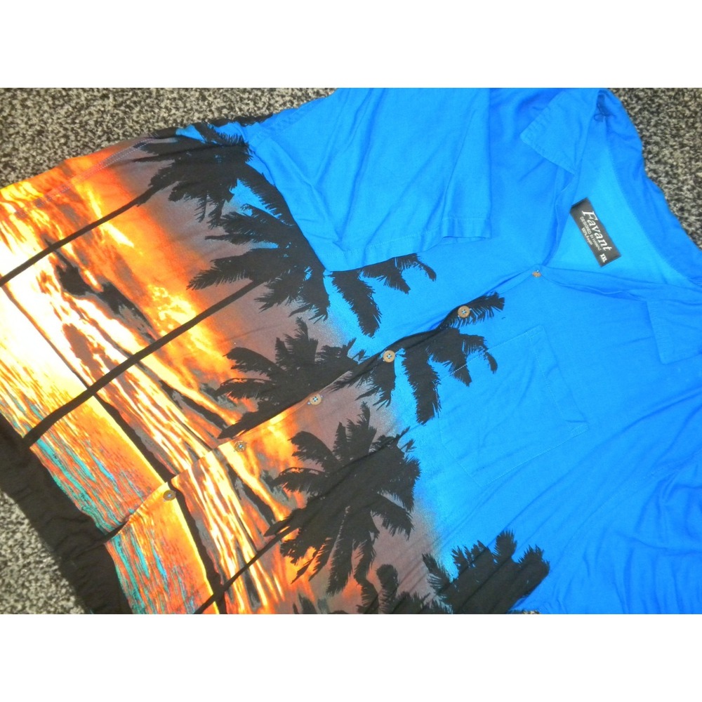 Favant Shirt Mens XXL Blue‎ Button Up Hawaiian Tropical Ocean Palm Tree Sunset